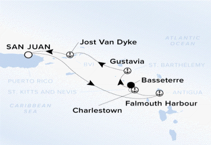 The Ritz-Carlton Evrima A map showing the Caribbean Sea. A line shows the voyage path from San Juan to Falmouth Harbour, Charlestown, Basseterre, Gustavia, Jost Van Dyke and back to San Juan.
