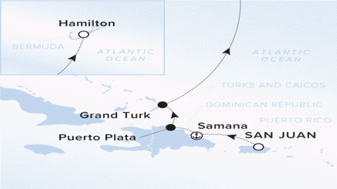 The Ritz-Carlton Evrima A map of the Atlantic Ocean. A line shows the voyage path from San Juan to Samana, Puerto Plata and Grand Turk. In the upper left corner, a square shows the voyage ending in Hamilton, Bermuda.