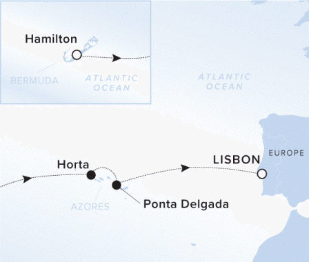 The Ritz-Carlton Evrima A map of the Atlantic Ocean. In the upper left corner, a square shows the voyage starting in Hamilton, Bermuda. A line shows the voyage path from Horta, Ponta Delgada and finishing in Lisbon.