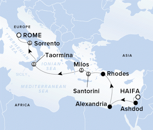 Ritz-Carlton Yacht Cruises 2024 Ilma A voyage starting in Haifa, traveling to Ashdod, Alexandria, Rhodes, Santorini, Milos, Taormina, Sorrento, and ending in Rome.