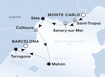 Ritz-Carlton Yacht Cruises 2025 Evrima Itinerary A map of the Balearic Sea. A line starting in Monte Carlo going to Saint-Tropez, Sanary-sur-Mer, Sete, Collioure, Mahon, Tarragona and ending in Barcelona.