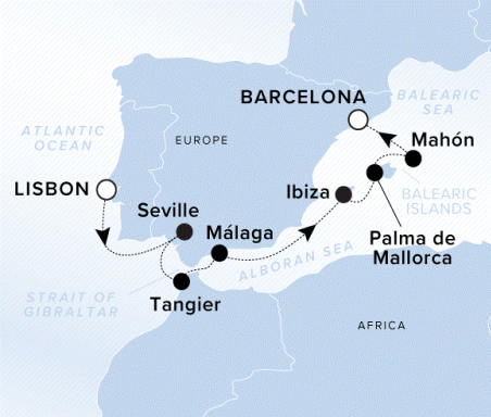 Ritz-Carlton Yacht Cruises 2025 Evrima Itinerary A map showing the Alboran Sea and Atlantic Sea. A line shows the voyage route from Lisbon, Seville, Tangier, Malaga, Ibiza, Palma de Mallorca, Mahon, and Barcelona.