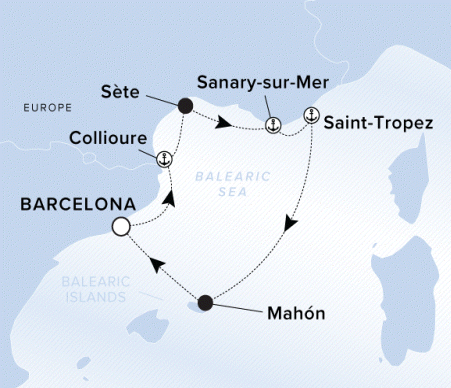 Ritz-Carlton Yacht Cruises 2025 Evrima Itinerary A map showing the Balearic Sea. A line shows the voyage route starting from Barcelona and going to Collioure, Sete, Sanary-sue-Mer, Saint-Tropez and Mahon and ends back in Barcelona.