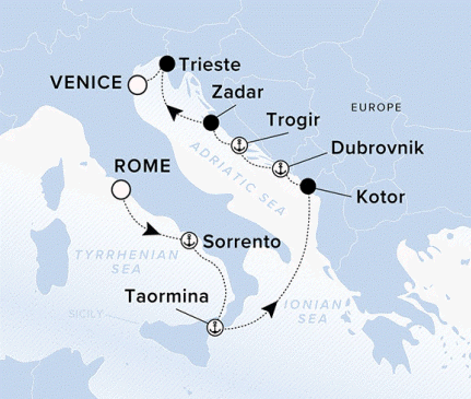 Ritz-Carlton Yacht Cruises 2025 Evrima Itinerary A map showing the Adriatic Sea, Ionian Sea and Tyrrhenian Sea. A line shows the voyage route starting from Rome going to Sorrento, Taormina, Kotor, Dubrovnik, Trogil, Zadar, Trieste and ends in Venice. 