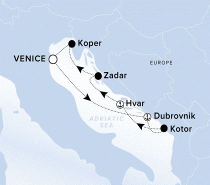 Ritz-Carlton Yacht Cruises 2025 Evrima Itinerary A map showing the Adriatic Sea. A line shows the voyage route starting in Venice and goes to Koper, Zadar, Hvar, Dubrovnik, Kotar and ends back in Venice. 