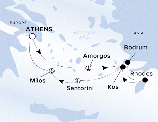 Ritz-Carlton Yacht Cruises 2025 Evrima Itinerary A map showing the Aegean Sea. A line going from Athens to Amorgos, Bodrum, Rhodes, Kos, Santorini, Milos and ending back in Athens. 