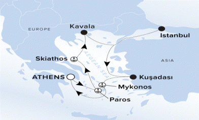 Ritz-Carlton Yacht Cruises 2025 Evrima Itinerary A map of the Aegean Sea. A line going from Athens to Paros, Skiathos, Kavala, Istanbul, Kusadasi, Mykonos and ending back to Athens. 