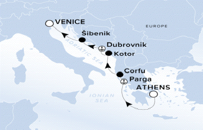 Ritz-Carlton Yacht Cruises 2025 Evrima Itinerary A map of the Adriatic Sea with a line starting in Athens, going to Parga, Corfu, Kotor, Dubrovnik, Sibenik and ending in Venice. 
