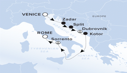 Ritz-Carlton Yacht Cruises 2025 Evrima Itinerary A map of the Adriatic Sea with a line starting in Venice going to Zadar, Split, Dubrovnik, Kotor, Sorrento and ending in Rome. 