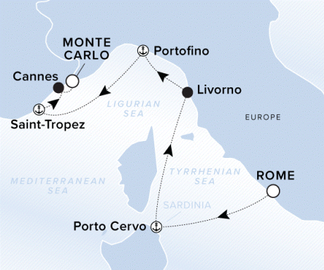 Ritz-Carlton Yacht Cruises 2025 Evrima Itinerary A map of the coast of Italy with a line starting in Rome going to Porto Cervo, Livorno, Portofino, Saint-Tropez, Nice and ending in Monte Carlo. 