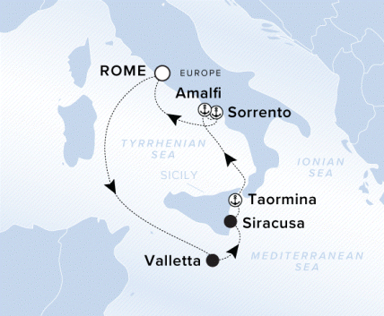 Ritz-Carlton Yacht Cruises 2025 Evrima Itinerary A map of Italy and the Mediterranean sea. A line starting in Rome going to Valletta, Siracusa, Taormina, Amalfi, Sorrento and ending back in Rome.