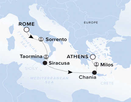 Ritz-Carlton Yacht Cruises 2025 Evrima Itinerary A map of the Mediterranean Sea with a line starting in Rome going southeast to Sorrento, Taormina, Siracusa, Chania, Milos and ending in Athens.