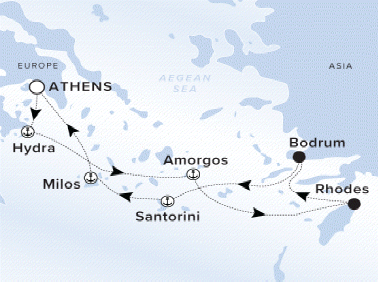Ritz-Carlton Yacht Cruises 2025 Evrima Itinerary A map of the Aegean Sea and Greek Isles. A line starting in Athens going to Hydra, Amorogos, Rhodes, Bodrum, Santorini, Milos and ending back in Athens. 