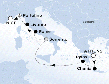 Ritz-Carlton Yacht Cruises 2025 Evrima Itinerary A map of the Ionian and Tyrrhenian Sea with a line starting in Athens and going to Chania, Pylos, Sorrento, Rome, Livorno, Portofino and ending in Nice. 