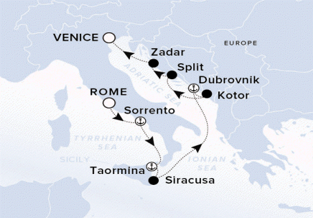 Ritz-Carlton Yacht Cruises 2025 Evrima Itinerary A map of Italy with a line starting in Rome and continuing to Sorrento, Taormina, Siracusa, Dubrovnik, Kotor, Split, Zadar and ending in Venice.