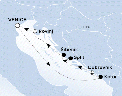 Ritz-Carlton Yacht Cruises 2025 Evrima Itinerary A map of Italy, Croatia and the Adriatic Sea. A line starting in Venice going to Kotor, Dubrovnik, Split, Sibenik, Povinj and ending back in Venice.
