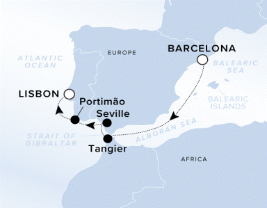 Ritz-Carlton Yacht Cruises 2025 Evrima Itinerary A map of Spain, Portugal and Africa. A line starting in Barcelona going through the Strait of Gibraltar to Tangier, Sevilla, Portimao and ending in Lisbon.