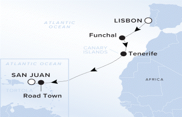 Ritz-Carlton Yacht Cruises 2025 Evrima Itinerary A map of the Atlantic Ocean. A line starting in Lisbon going to Funchal, Tenerife, then crossing the Atlantic Ocean to Road Town and ending in San Juan.