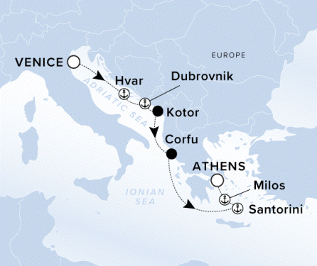 Ritz-Carlton Yacht Cruises 2025 Evrima Itinerary A map showing the Adriatic Sea and Ionian Sea.  A line shows the voyage route starting from Venice and going to Hvar, Dubrovnik, Kotor, Corfu, Santorini, Milos and ends in Athens. 