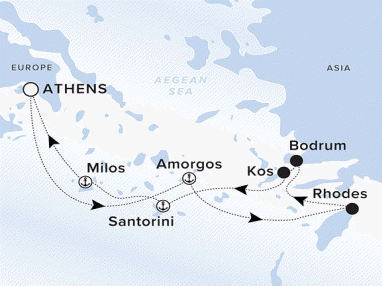 Ritz-Carlton Yacht Cruises 2025 Evrima Itinerary A map of the Aegean Sea and Greek Isles. A line starting in Athens going to Amorgos, Rhodes, Bodrum, Kos, Santorini, Milos and ending in Athens.  