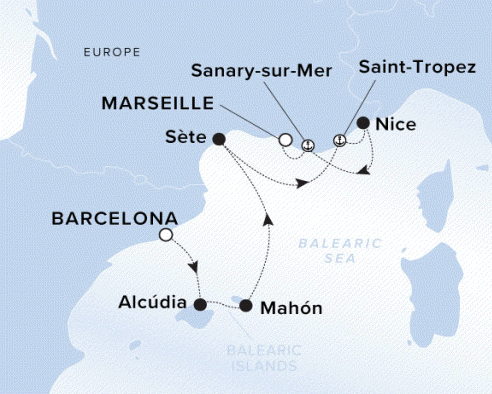 Mediterranean Sea map shows the yacht's journey plotted from Barcelona, Spain through Alcudia, Mahon, Sete, Saint-Tropez, Nice, Sanary-sur-Mer and concluding in Marseille, France.