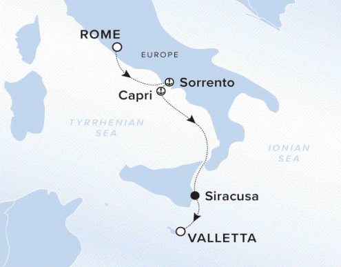 The Ritz-Carlton Evrima A map of Europe, the Tyrrhenian Sea and Ionian Sea. A line shows the voyage departing from Rome with stops in Sorrento, Capri, Siracusa and Valletta.