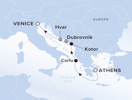 The Ritz-Carlton Evrima A map of the Ionian and Adriatic Seas, with the yacht's voyage from Athens, Greece to Corfu, Kotor, Dubrovnik, Hvar and ending in Venice, Italy.