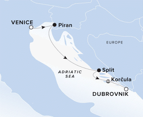 The Ritz-Carlton Evrima A map of the Adriatic Sea with the yacht's voyage from Venice, Italy to Piran, Split, and Korcula ending in Dubrovnik, Croatia.