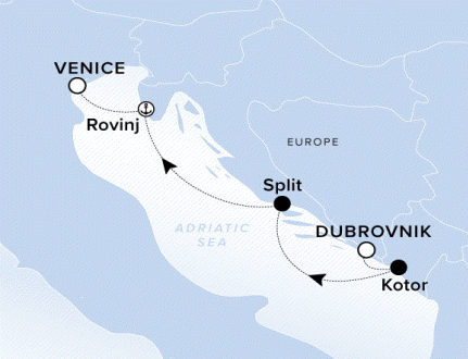 The Ritz-Carlton Evrima A map showing Europe and the Adriatic Sea. A line shows the voyage route from Dubrovnik to Kotor, Split, Rovinj and Venice.