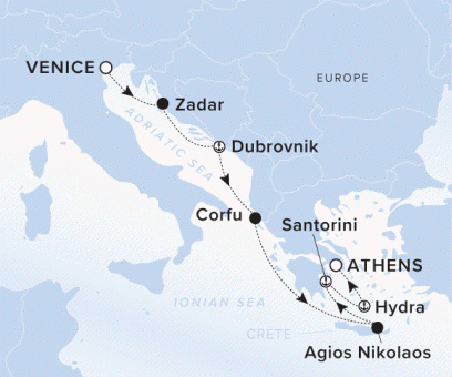 The yacht's journey mapped from Venice, Italy through Zadar, Dubrovnik, Corfu, Agios Nikolaos, Santorini, Hydra and ending in Athens, Greece.