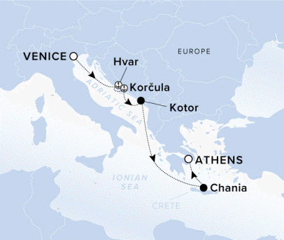 The Ritz-Carlton Evrima A map showing the Adriatic Sea and Ionian Sea. A line shows the voyage route from Venice to Hvar, Korcula, Kotor, Chania and Athens.