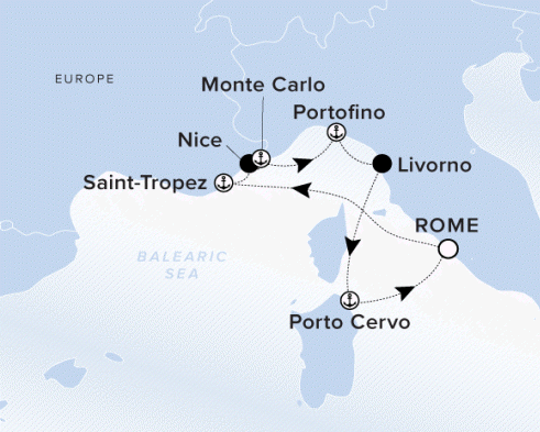 The Ritz-Carlton Evrima A map showing the Balearic Sea. A line shows the voyage route from Rome to Saint-Tropez, Nice, Monte Carlo, Portofino, Livorno, Porto Cero and Rome.