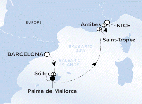 The Ritz-Carlton Evrima A map of Europe and the Balearic Sea. A line shows the voyage from Barcelona to Soller, Palma de Mallorca, Antibes, Saint Tropez and Nice.