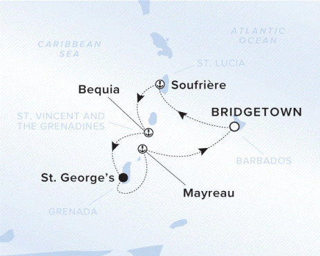 The Ritz-Carlton Evrima A map showing the Atlantic Ocean and Caribbean Sea. A line shows the voyage route from Bridgetown to Soufrière, Bequia, St. George's, Mayreau and Bridgetown.