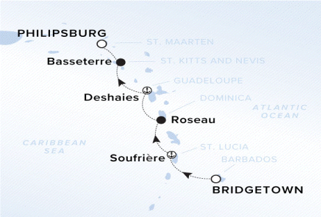 The Ritz-Carlton Evrima A map of the Caribbean showing a line from Bridgetown, to Soufriere, Deshaies, Basseterre, and Philipsburg.