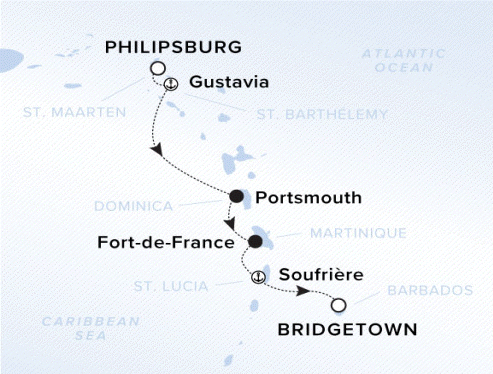 The Ritz-Carlton Evrima A map of the Caribbean sea showing the yacht's voyage from Philipsburg to Gustavia, Porstmouth, Fort-de-France, Soufriere and Bridgetown.