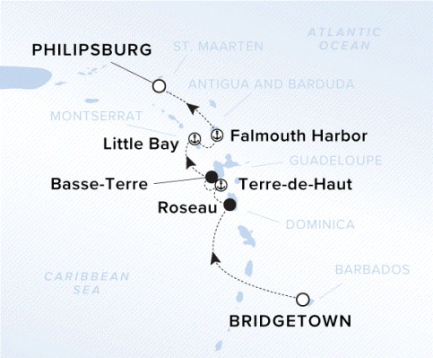 The Ritz-Carlton Evrima A map of the Caribbean sea noting the yachts voyage from Bridgetown to Roseau to Terre-de-Haut to Basse-Terre to Little Bay to Falmouth Harbor to Philipsburg