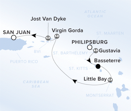 The Ritz-Carlton Evrima A map of the Caribbean Sea with a line indicating the yacht's journey from Philpsburg to Gustavia to Basseterre to Little Bay to Virgin Gorda to Jost Van Dyke to San Juan.