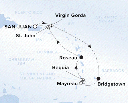 The Ritz-Carlton Evrima A map of the Caribbean sea showing the yacht's journey from San Juan to Virgin Gorda, to Bridgetown, to Mayreau to Bequia, to Roseau, to St. John and back to San Juan.