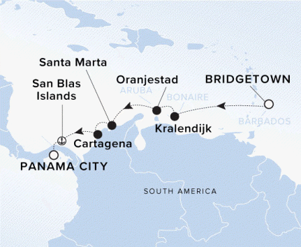 The Ritz-Carlton Evrima A map of the Caribbean Sea showing the yacht's journey from Bridgetown to Kralendijk to Oranjestad to Santa Marta to Cartagena to San Blas Islands to Panama City