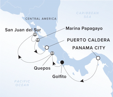 The Ritz-Carlton Evrima A map of the Pacific Ocean showing the yacht's journey from Panama City to Golfito to Quepos to San Juan del Sur to Marina Papagayo to Puerto Caldera