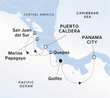 The Ritz-Carlton Evrima A map of the pacific ocean showing the yacht's journey from Puerto Caldera to San Juan del Sur to Marina Papagayo to Quepos to Golfito to Panama City