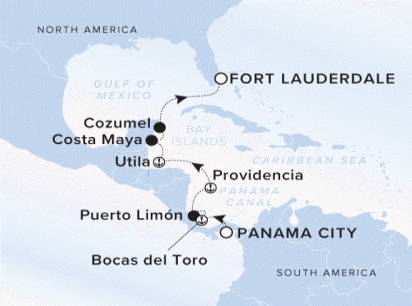 The Ritz-Carlton Evrima A map of the Caribbean Sea showing the yacht's voyage from Panama City to Bocas del Toro to Puerto Limon to Providencia to Utila or Costa Maya to Cozumel to Fort Lauderdale.