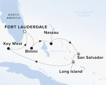 The Ritz-Carlton Evrima A map of the Caribbean Sea with a line plotting the yacht's journey from Fort Lauderdale to Bimini to Nassau to San Salvador to Long Island to Key West back to Fort Lauderdale.