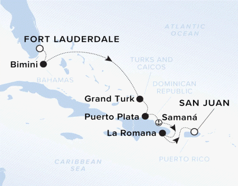 The Ritz-Carlton Evrima A map of the Caribbean Sea showing the yacht's voyage from Fort Lauderdale to Bimini to Grand Turk to Puerto Plata to Samana to La Romana to San Juan.
