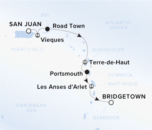 The Ritz-Carlton Evrima A map of the Caribbean Sea showing the yacht's voyage from San Juan to Vieques to Road Town to Terre-de-Haut to Portsmouth to Les Anses d'Arlet to Bridgetown.