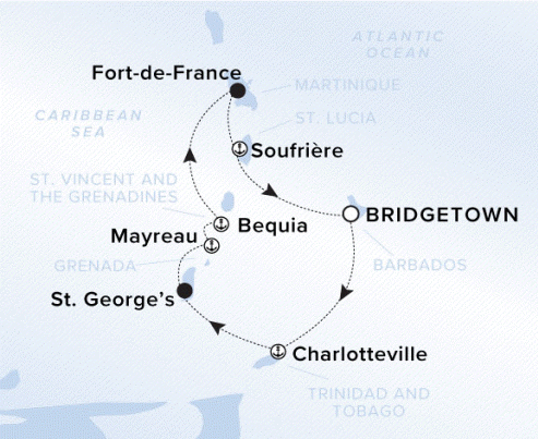 The Ritz-Carlton Evrima A map of the Caribbean Sea showing the yacht's journey from Bridgetown to Charlotteville to St. George's to Mayreau to Bequia to Fort-de-France to Soufriere and back to Bridgetown.
