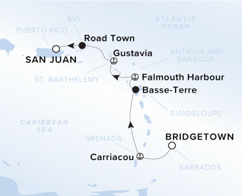 The Ritz-Carlton Evrima A map of the Caribbean Sea showing the yacht's voyage from Bridgetown, to Carriacou, to Basse-Terre to Falmouth Harbour to Gustavia to Road Town and San Juan.