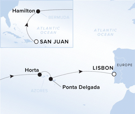 The Ritz-Carlton Evrima A map of the Atlantic Ocean. A line shows the voyage from San Juan to Hamilton, Horta, Ponta Delgada, and Lisbon.