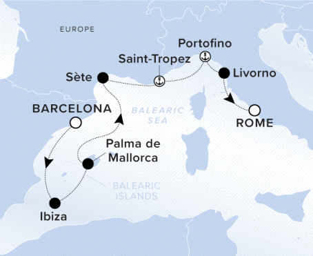 The Ritz-Carlton Evrima A map showing the Balearic Sea. A line shows the voyage route from Barcelona to Ibiza, Palma de Mallorca, Sète, Saint-Tropez, Portofino, Livorno and Rome.